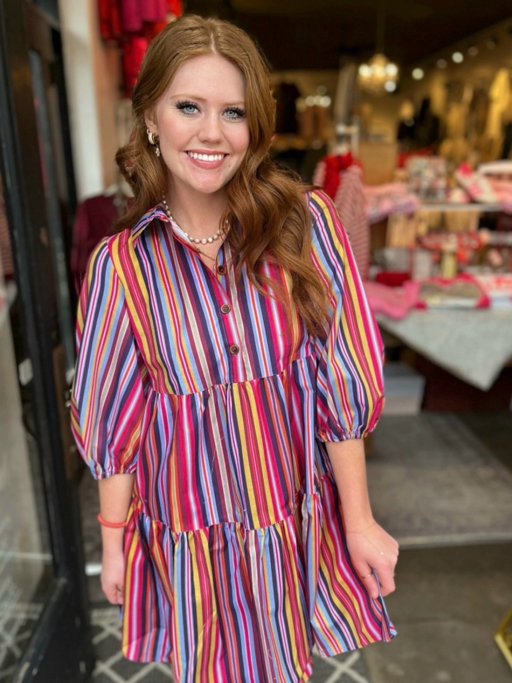 Uncle Frank Vibrant Multi-Color Striped Tiered Shirt Dress
